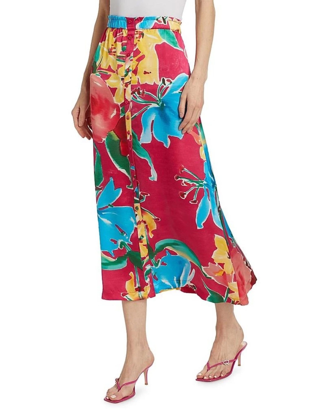 NWT Figue Bastien Silk Midi Skirt Floral Reverie Raspberry Pink Button M